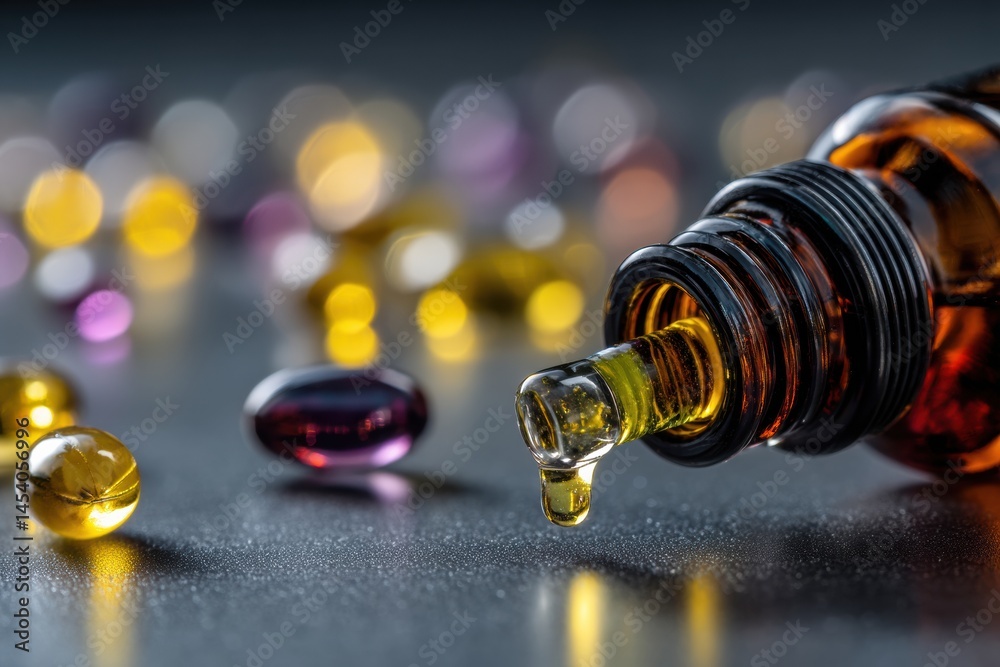 Poster dropper bottle dispensing liquid over vibrant soft focus capsules in background during bright daylig
