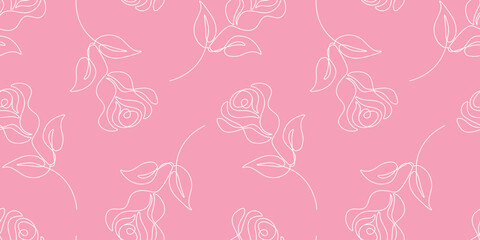 seamless pattern with roses in line art style, white hand drawn roses on pink background vector illustration, abstract modern design for wrapping paper, wallpaper, textile,prints,banner