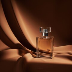 Elegant transparent perfume bottle with a modern square design and crystal stopper displayed on silky satin fabric background with warm brown tones for luxury concept