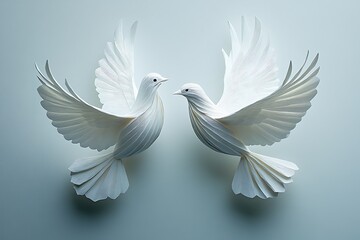 Fototapeta premium Two elegant, white paper doves face each other with wings spread against a cool backdrop
