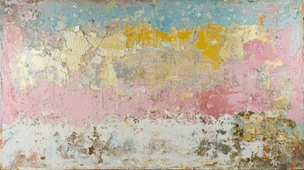 Colorful textured wall with peeling paint showing layers and faded hues in an urban setting