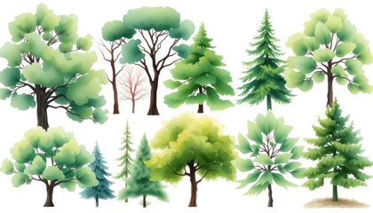 Fototapeta premium Watercolor Tree Collection: Diverse Forest Elements for Illustration and Design, Representing Nature and Growth