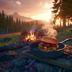 Canadian burger on cast iron skillet over campfire in forest wilderness at dusk