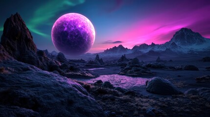 A mysterious alien landscape showcases a massive purple celestial body, contrasting rugged terrain with vibrant hues, evoking feelings of wonder, exploration, and the unknown.