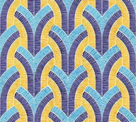 Seamless geometric art deco pattern with vibrant curved lines in blue, yellow, and dark purple. Imitation embroidery. Vector illustration.