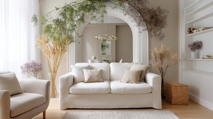 Fototapeta premium Modern living room with white sofa, green floral arch, and soft light, embodying minimalist elegance and natural charm. 