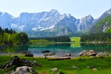 Meadow at the shore of lago di fusine superiore and Mangart mountain in Julian alps above in...