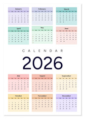 Vertical color calendar for 2026