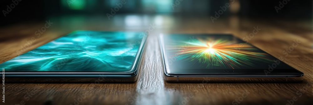 Poster dual smartphone screens displayed back-to-back on a wooden surface, highlighting vibrant graphics un
