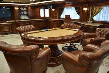 Luxurious poker room with leather chairs and wooden decor.