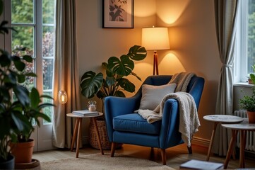 Cozy living room with blue armchair and warm lighting