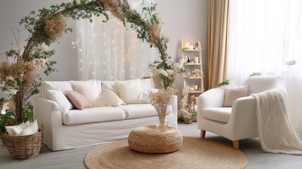Modern living room with white sofa, green floral arch, and soft light, embodying minimalist elegance and natural charm.
