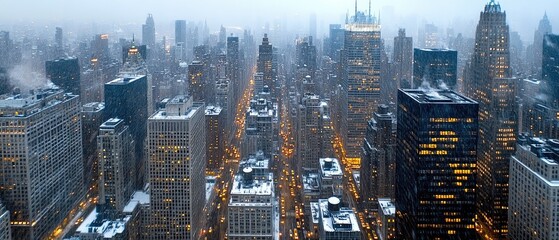 Fototapeta premium Cityscape view with streets between tall buildings, lights shining in buildings in a snow-covered metropolis