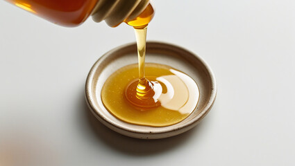 Close-up shot of honey being drizzled onto a small ceramic plate, all elements fully within frame, no parts cut off, no blur, sharp detail across the full surface, warm golden tones, flat top-down per