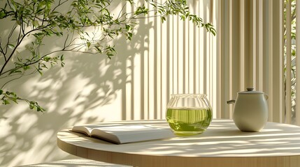 Soft onboarding space with round table, journal, and green tea served in glass, photo-realistic