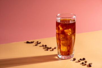 Ice coffee with coffee beans in a tall glass on pink background.