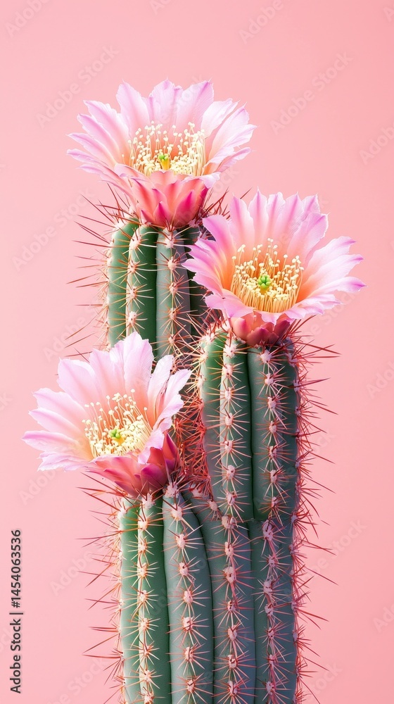Aufkleber a striking cactus with multiple tall columns adorned with large pink flowers stands out against a so