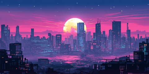 Obraz premium ピンクとブルーに染まる夕暮れから夜への移ろいを描いた都市の夜景と三日月｜高層ビル群の光が水面に反射する幻想イラスト