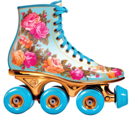 Vintage roller skate with floral patterns featuring vibrant roses and a bright blue design, perfect for retro-themed events and nostalgic vibes