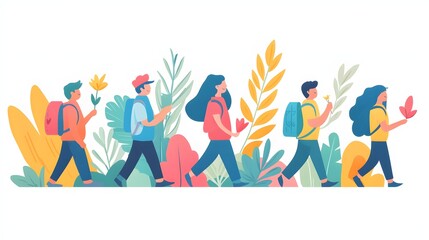 Flat comic onboarding journey showing five avatars completing different wellness tasks