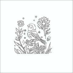 Obraz premium Intricate Bird and Floral Illustration – Detailed Black and White Line Art for Coloring, Design, and Artistic Inspiration