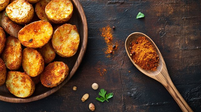 Overhead shot of papas arrugadas with wooden spoon filled with paprika and cumin
