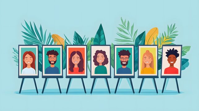 Vector onboarding badge display stand showing smiling avatars and achievement icons