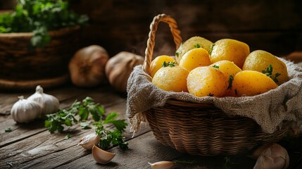 Rustic kitchen setup, steaming papas arrugadas in a cloth-lined basket, surrounded by garlic and parsley