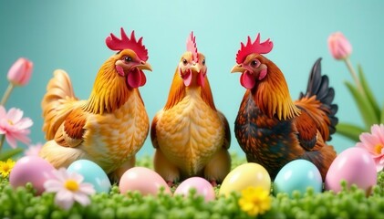 Fototapeta premium Three colorful chickens amidst pastel Easter eggs and spring flowers , orange, farm