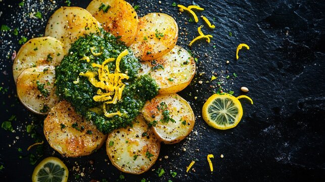 Top-down view of papas arrugadas with vibrant green mojo, lemon zest, and cumin seeds scattered