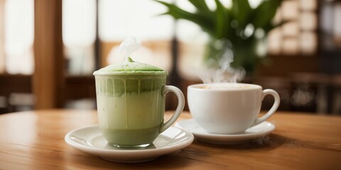 Fototapeta premium Matcha latte and regular latte served side by side in uniquely shaped cups, showcasing a visual contrast of color and form in a cozy cafe setting.