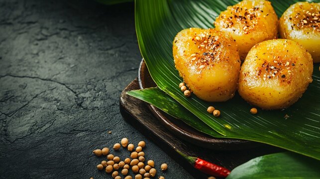 Traditional Canarian wrinkled potatoes on banana leaves, with chili and cumin seeds nearby