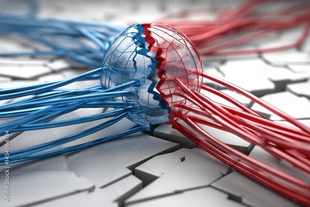 Leinwandbilder global division represented by blue and red network cables highlighting technological tensions acros