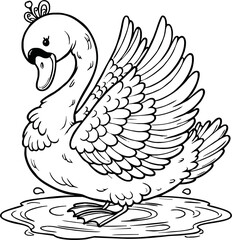  swan line art cartoon illustration floating calmly on water. Ideal for coloring pages, educational materials, and nature-themed designs.