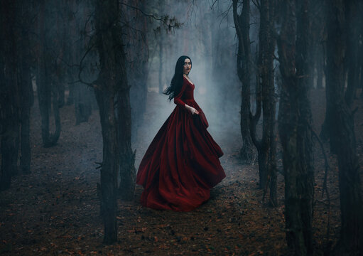 Art photo real person Gothic girl walking running in dark foggy forest trees, red long medieval old style long dress flies in wind, train fluttering in motion. Fantasy Woman Black hair beautiful face - Powered by Adobe