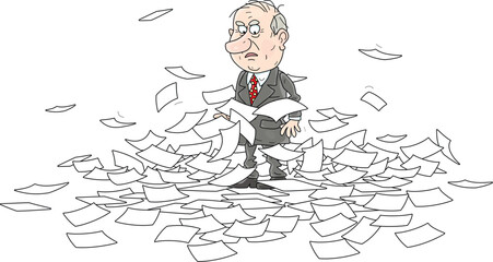 Angry bureaucrat in a large heap of scattered paper documents, vector cartoon illustration on white