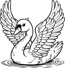  swan line art cartoon illustration floating calmly on water. Ideal for coloring pages, educational materials, and nature-themed designs.