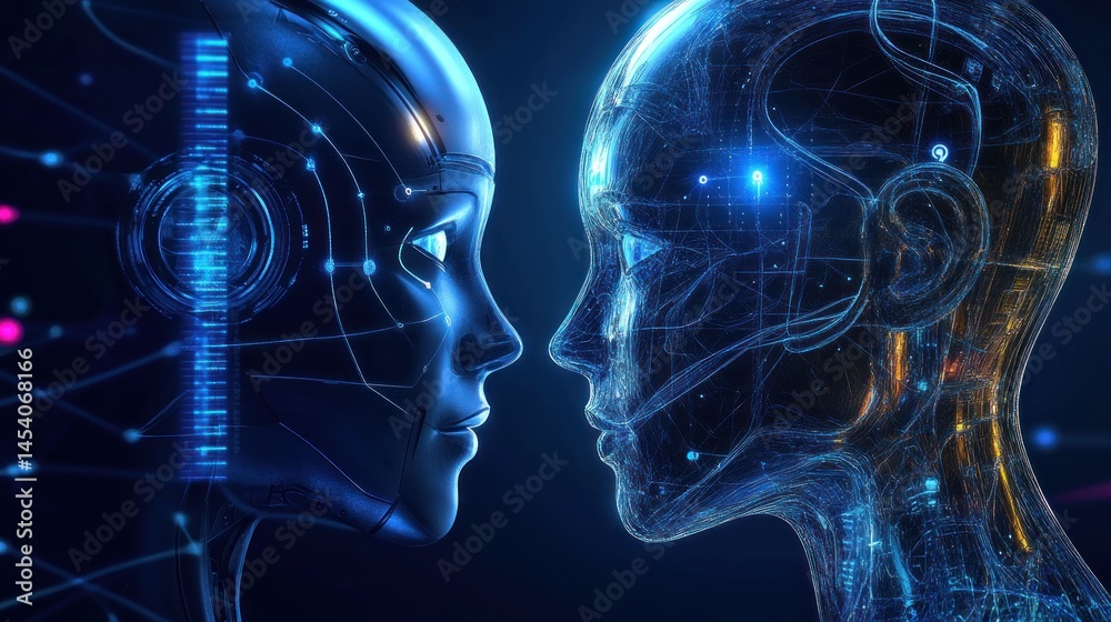 Fototapete Two futuristic robots face each other, showcasing advanced technology and possible future of human-robot interaction