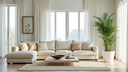 Elegant modern living room with white sofa and large plant