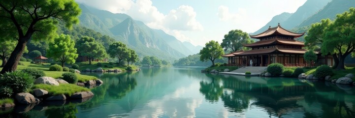 Fototapeta premium Serene backwaters, lush greenery, opulent palace , boat, peaceful retreat, quiet