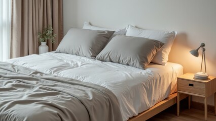 Cozy minimalist bedroom with soft neutral bedding and warm lighting