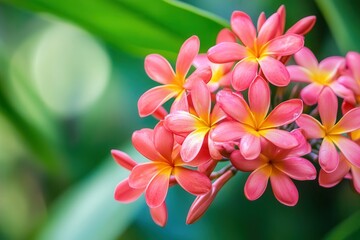 Naklejka premium Vibrant pink plumeria flowers blooming amidst lush green foliage in a serene garden setting