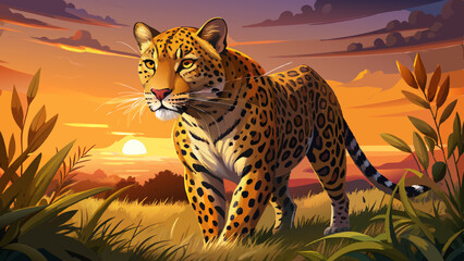 Fototapeta premium Its spots like art, its stance like flame, A legend born with untamed name. Through sunlit grass and dusk’s soft glow, The leopard walks where few dare go.