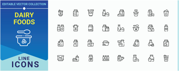 Dairy Foods icon set. Contains such symbols as dairy farm, drink, food, beverage, dairy and more. Dairy Products icon pack. Thin linear style icons. Editable vector art and illustration.