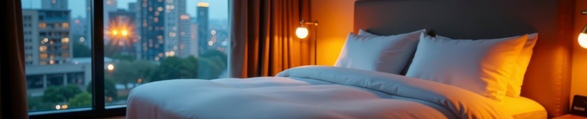 Soft pillows, warm lamplight, modern urban hotel room, spacious, interior
