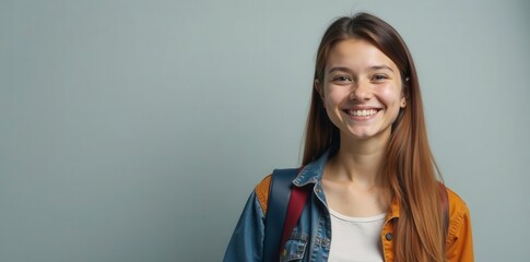 Smiling graduate, casual clothes, academic success, grey backdrop, casual, determined, friendly