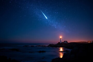 Lighthouse Under Starry Sky with Shooting Star and Ocean Reflection