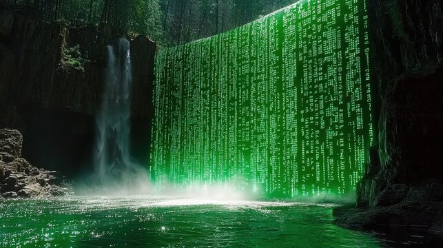Waterfall illuminated by green binary code in a forest setting during daytime creates a surreal atmosphere