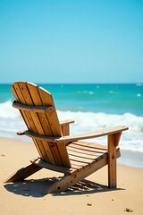 Weathered wooden beach chair on sandy shore near ocean waves , ocean, shore