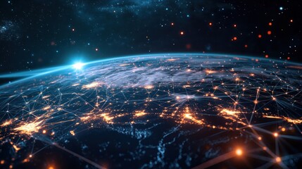 Global network, illuminated Earth, connected by digital lines